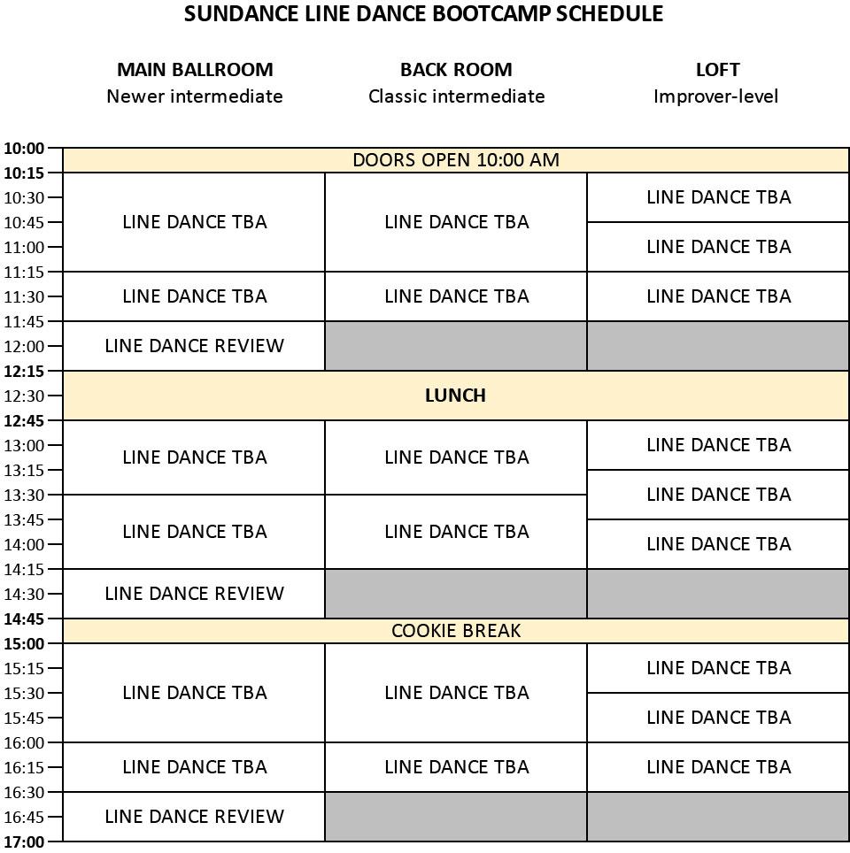 Line dance bootcamp schedule. Click for text/print version.