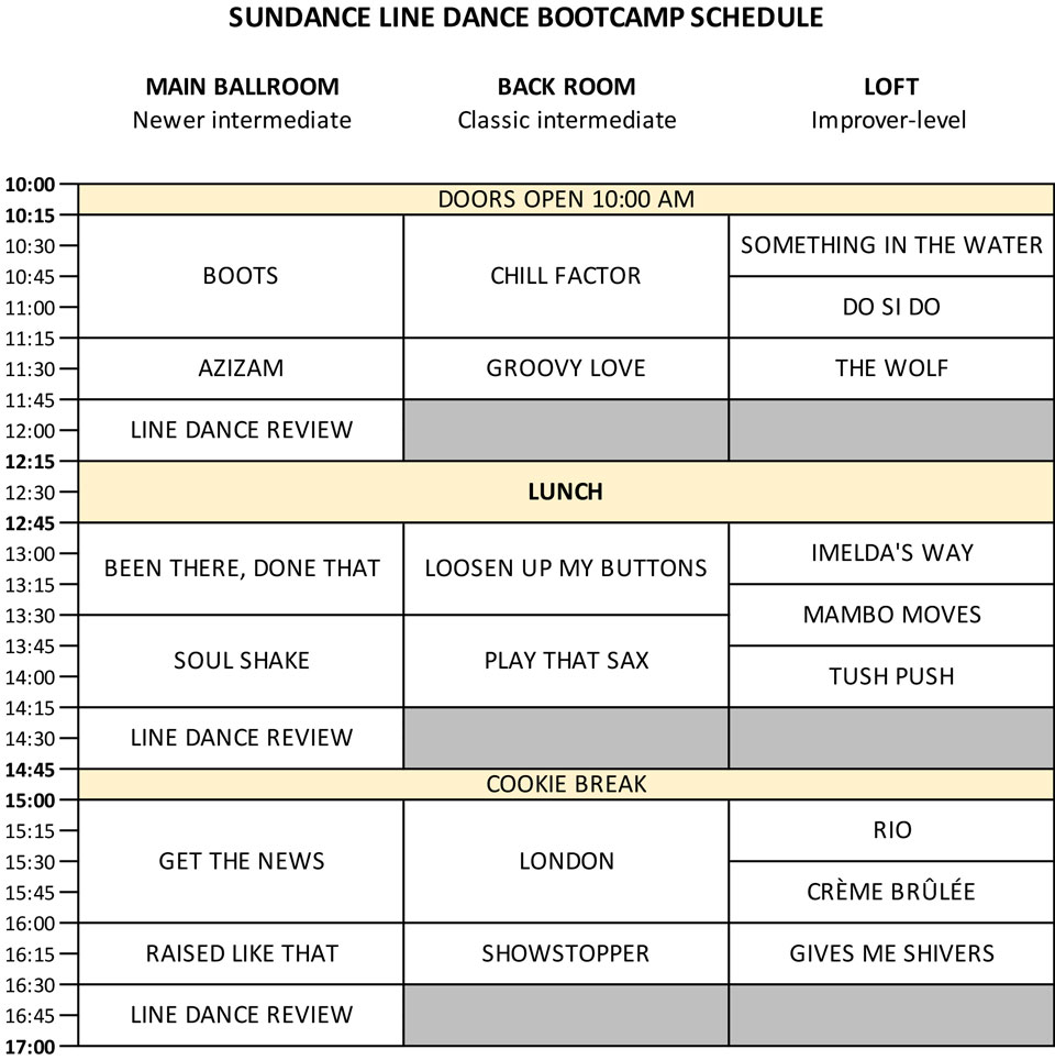 Line dance bootcamp schedule. Click for text/print version.