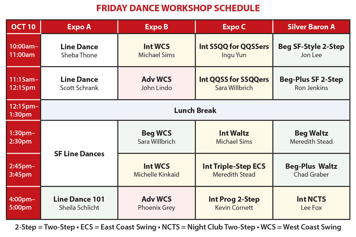 Friday dance workshop schedule. Click on schedule for printable and screen-readable pdf.