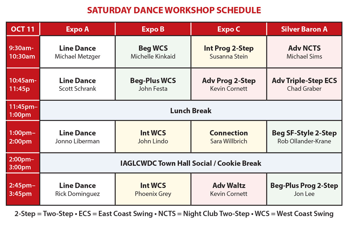 Saturday dance workshop schedule. Click on schedule for printable and screen-readable pdf.