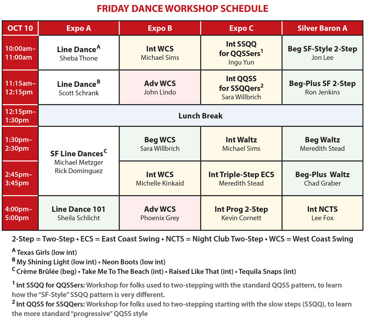 Friday dance workshop schedule. Click on schedule for printable and screen-readable pdf.