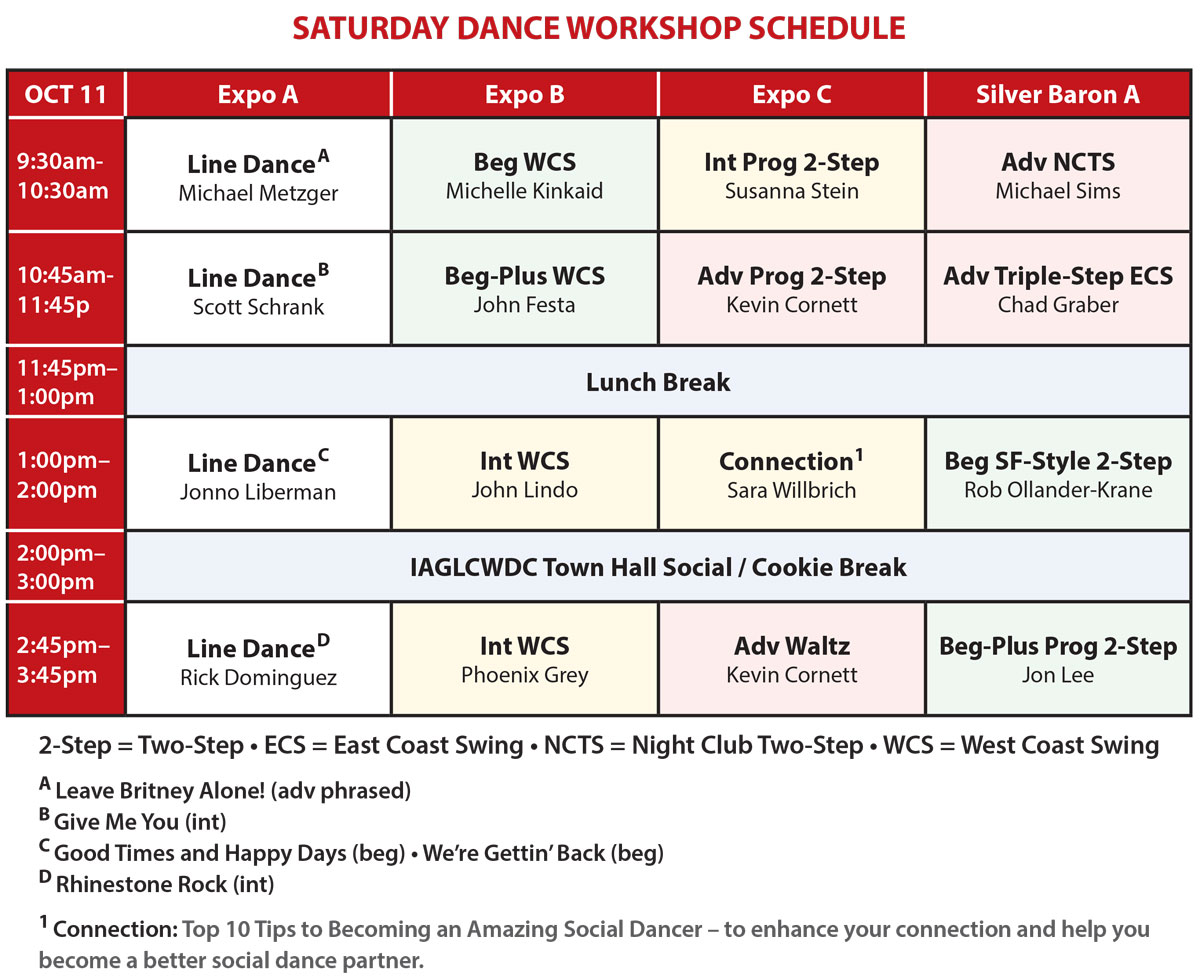 Saturday dance workshop schedule. Click on schedule for printable and screen-readable pdf.