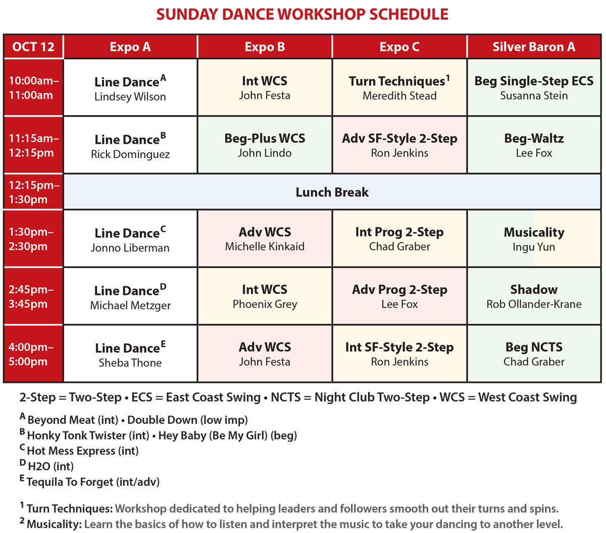 Sunday dance workshop schedule. Click on schedule for printable and screen-readable pdf.